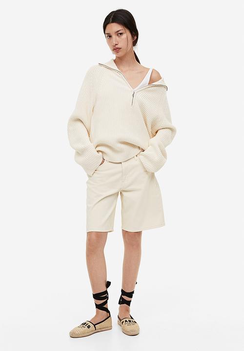 H&M - Rib-knit half-zip jumper - beige & white
