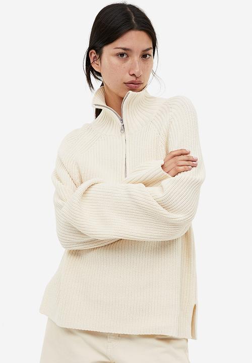 H&M - Rib-knit half-zip jumper - beige & white