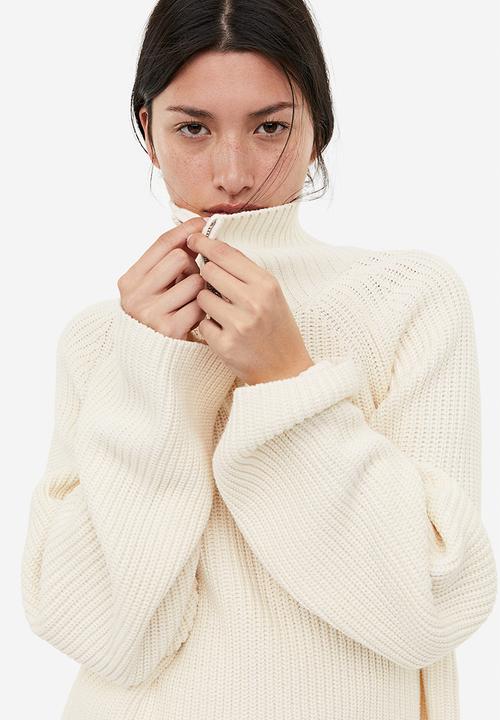 H&M - Rib-knit half-zip jumper - beige & white