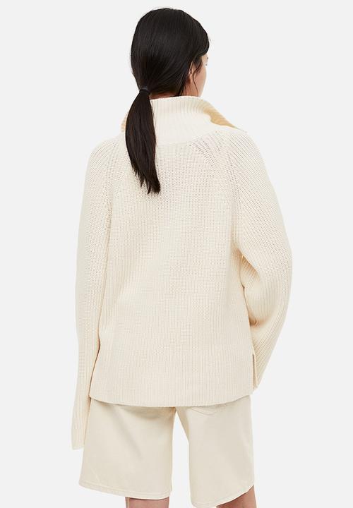 H&M - Rib-knit half-zip jumper - beige & white