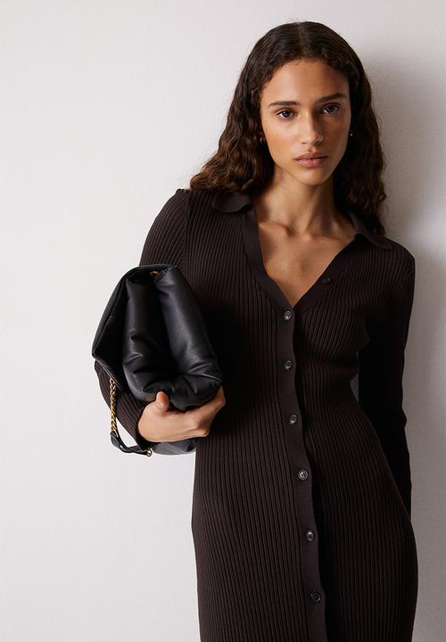 H&M - Rib-knit button-front dress - dark brown