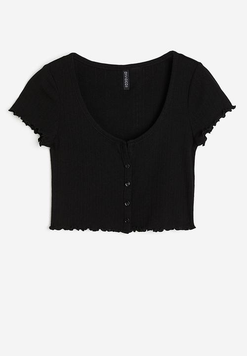 H&M - Button-front pointelle jersey top - black