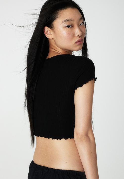 H&M - Button-front pointelle jersey top - black