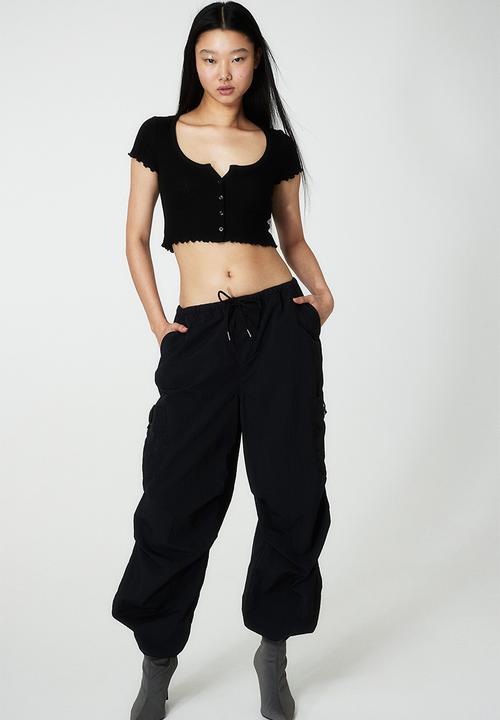 H&M - Button-front pointelle jersey top - black