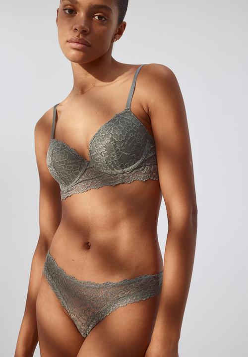 H&M - Padded underwired lace bra - grey-green