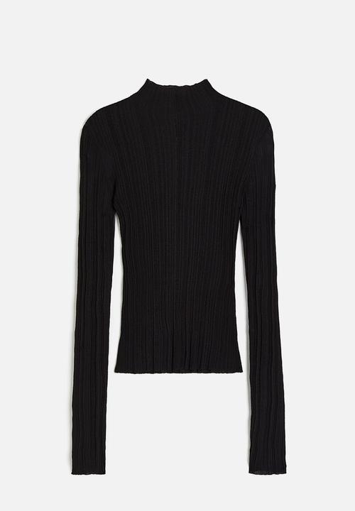 Sheer rib-knit turtleneck top - black,1 - 1183605004