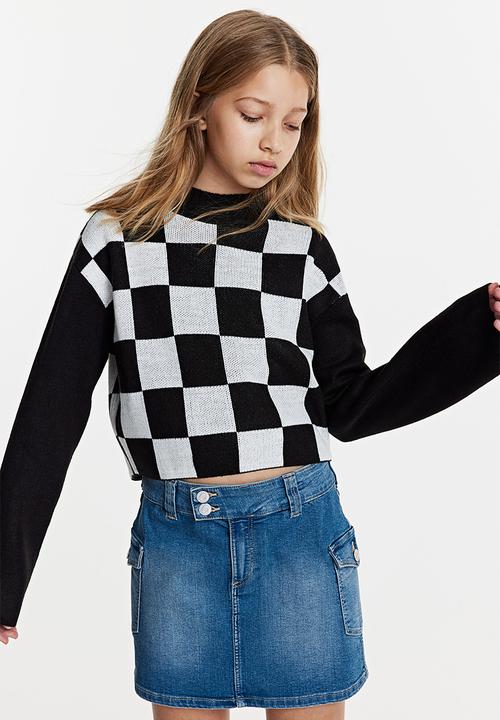 H&M - Boxy-style rib-knit jumper - black & white checked