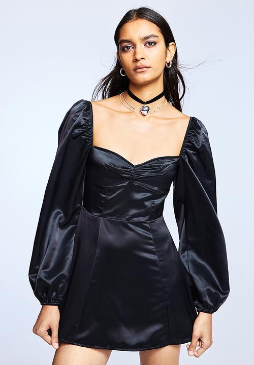 H&M - Balloon-sleeved satin dress - black