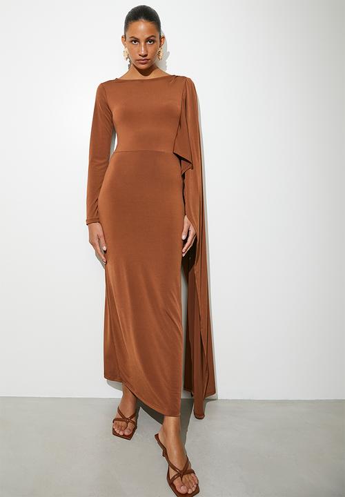VELVET - Cape column midi dress - brandy brown