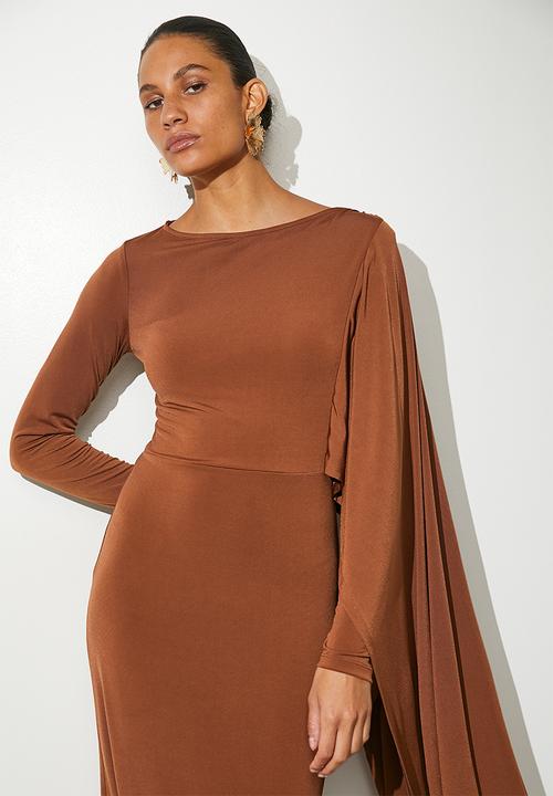 VELVET - Cape column midi dress - brandy brown