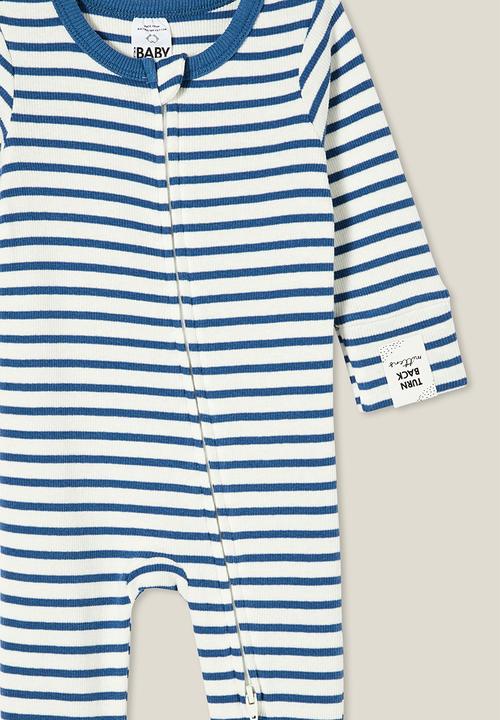 Cotton On - The long sleeve rib romper - petty blue/vanilla stripe