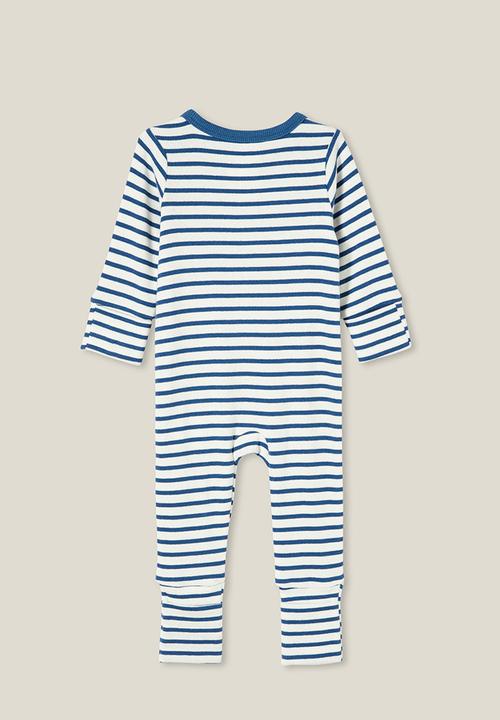 Cotton On - The long sleeve rib romper - petty blue/vanilla stripe