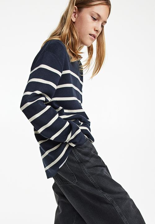 H&M - Fine-knit cotton jumper - navy blue striped