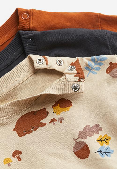 H&M - 3-pack cotton jersey tops - beige, animals