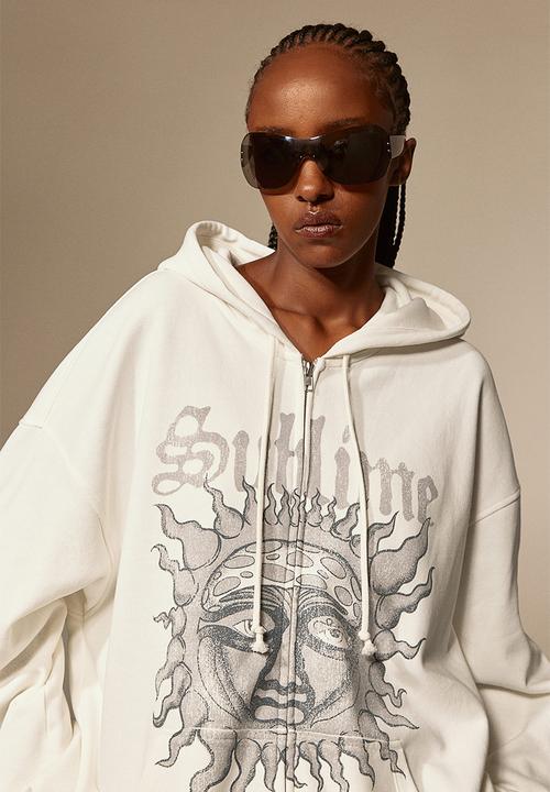 H&M - Oversized printed zip-through hoodie - cream/sublime