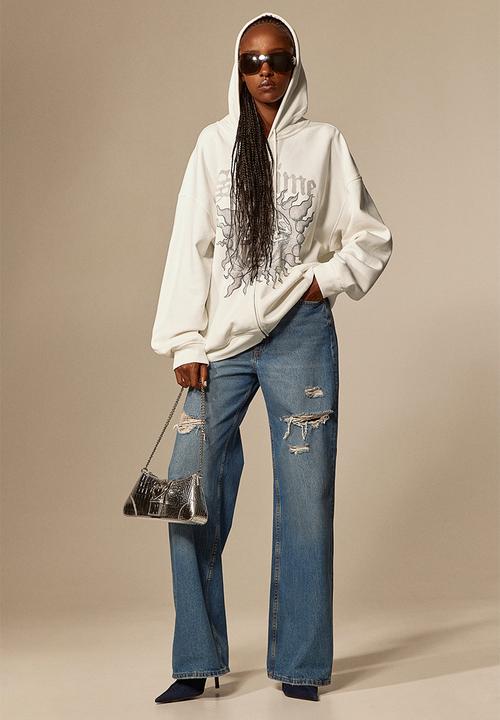 H&M - Oversized printed zip-through hoodie - cream/sublime