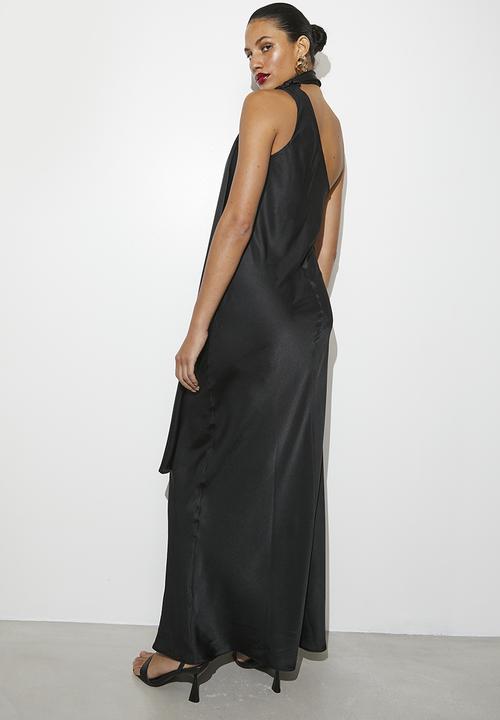 VELVET - Satin maxi slip with neck tie detail - Anthracite