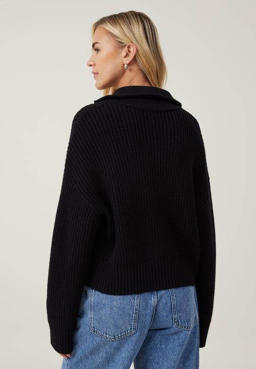 Cotton On - Luxe Collar Half Zip - Black