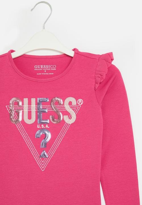 GUESS - Long sleeve T-shirt w/shoulder frills - sateen fuchsia