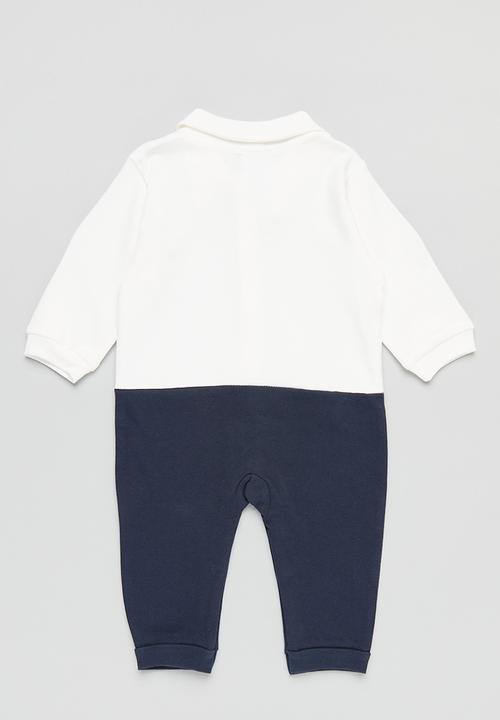 Pop Candy - Faux suspender romper - blue & white