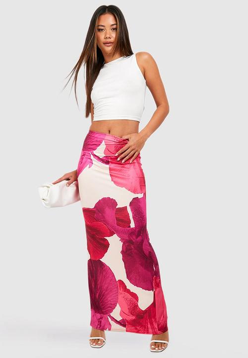 boohoo - Slinky floral slip maxi skirt - pink