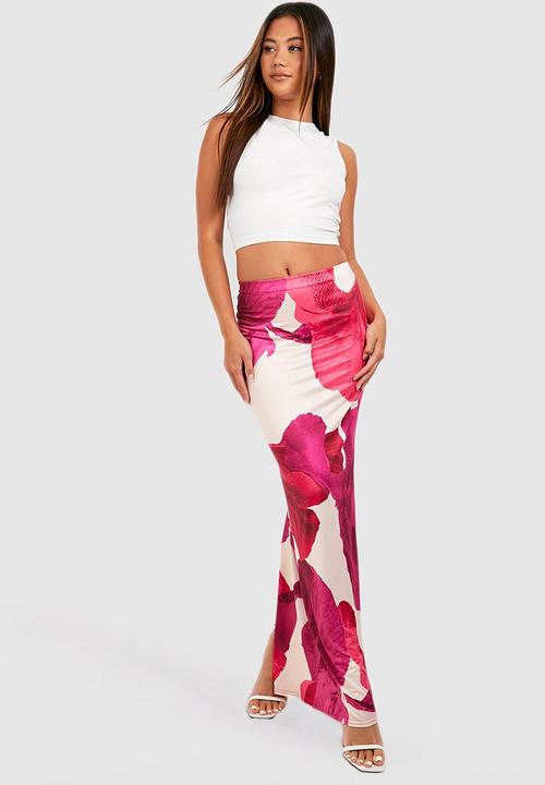 boohoo - Slinky floral slip maxi skirt - pink