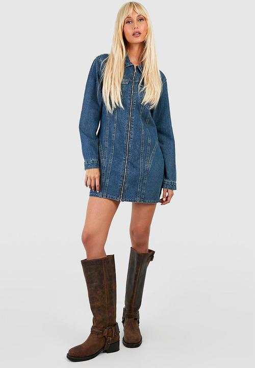 boohoo - Zip through denim mini shirt dress - vintage wash
