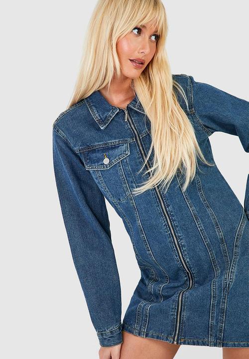 boohoo - Zip through denim mini shirt dress - vintage wash