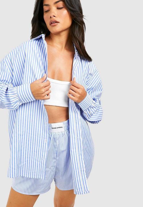 boohoo - Striped poplin shirt - blue