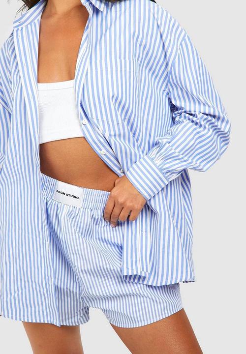 boohoo - Striped poplin shirt - blue