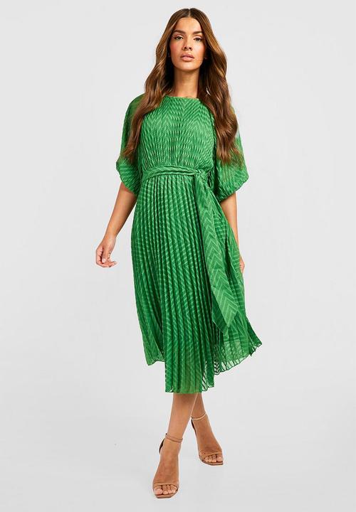 Dobby pleated puff sleeve midi dress - green