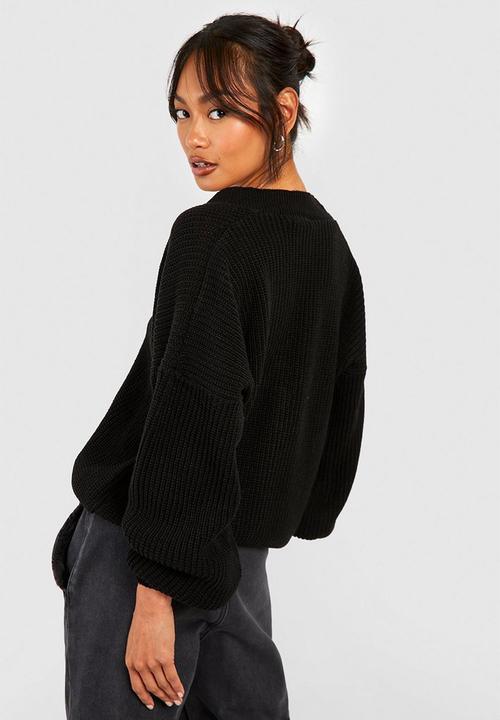 boohoo - Balloon sleeve button through rib cardigan - black