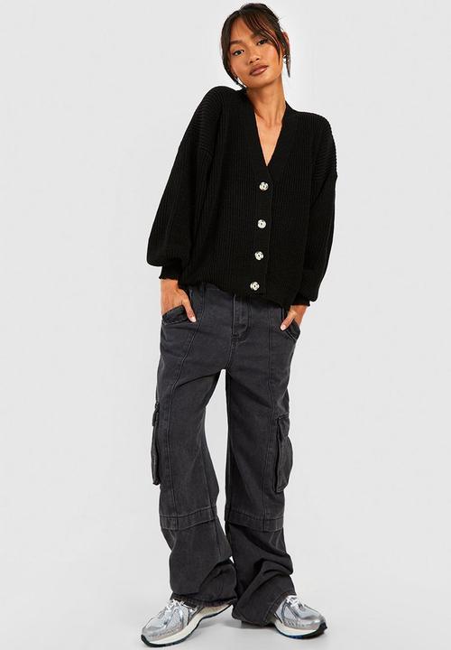 boohoo - Balloon sleeve button through rib cardigan - black