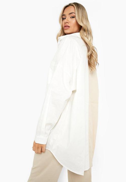 boohoo - Cotton spliced oversized shirt - stone