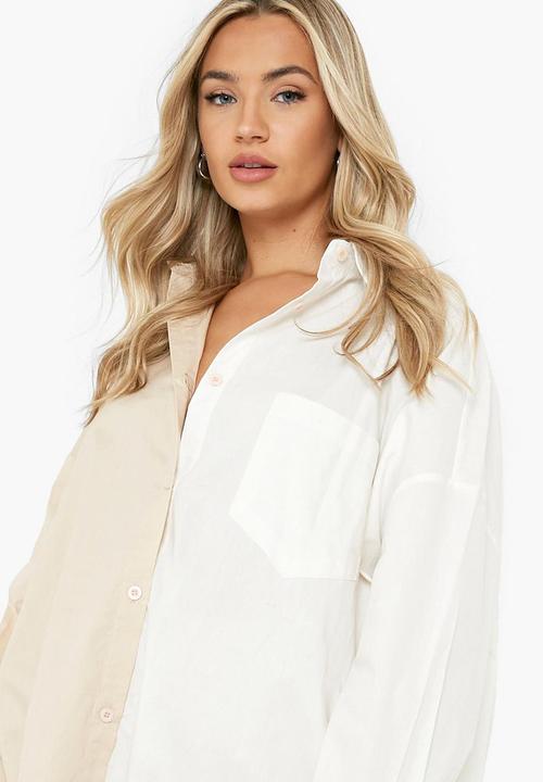 boohoo - Cotton spliced oversized shirt - stone