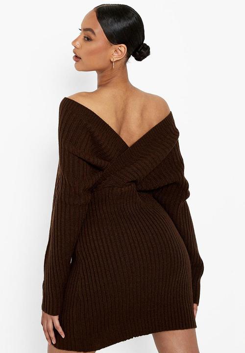 boohoo - Off the shoulder rib knit dress - chocolate