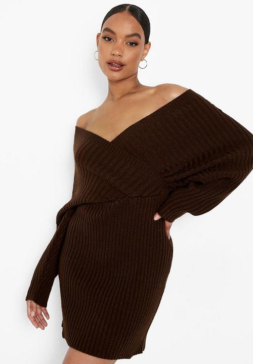 boohoo - Off the shoulder rib knit dress - chocolate