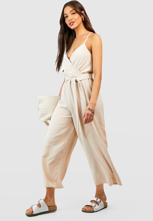 boohoo - Strappy wrap culotte jumpsuit - stone