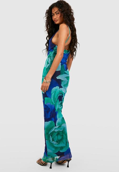 boohoo - Floral strappy mesh maxi dress - green