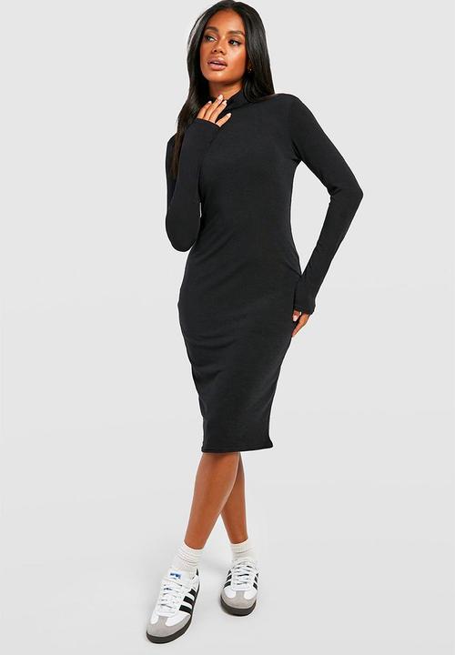 Rib roll neck midi dress - black
