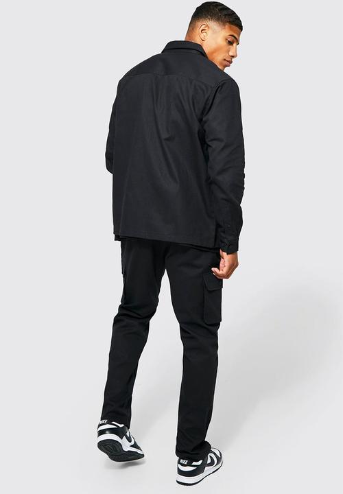 boohooMAN - Cargo zip shirt and trouser set - black
