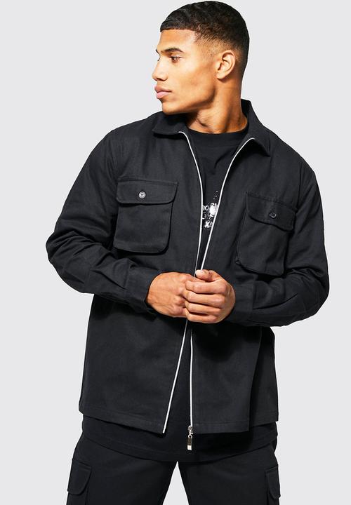 boohooMAN - Cargo zip shirt and trouser set - black