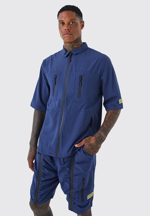 boohooMAN - Short sleeve technical utility shirt & short set - navy