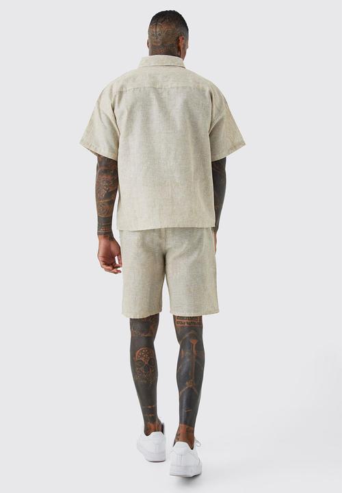 boohooMAN - Boxy linen look shirt and short set - neutral