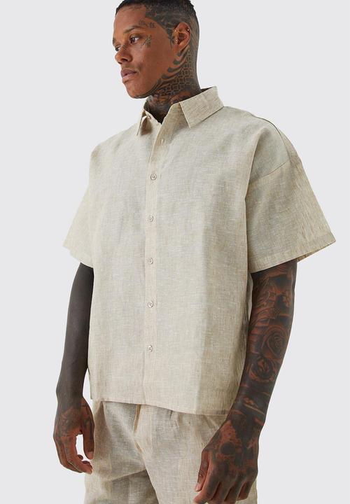 boohooMAN - Boxy linen look shirt and short set - neutral