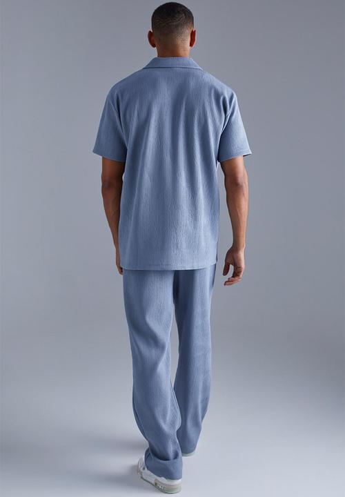 boohooMAN - Heavy ottoman revere shirt and trouser set - blue