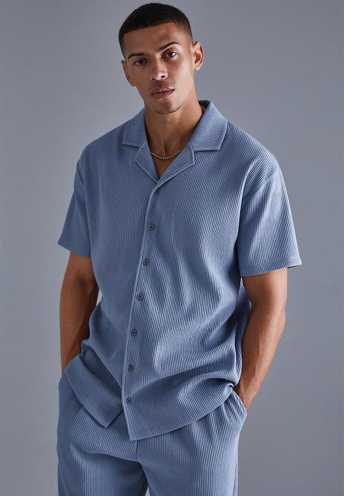 boohooMAN - Heavy ottoman revere shirt and trouser set - blue