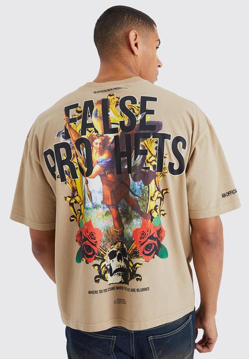 boohooMAN - Oversized boxy false prophets graphic t-shirt - sand