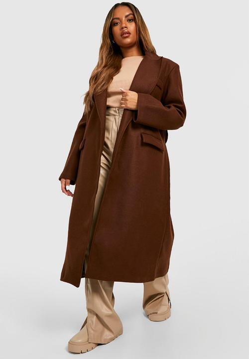 boohoo - Plus belted wool look coat - chocolate