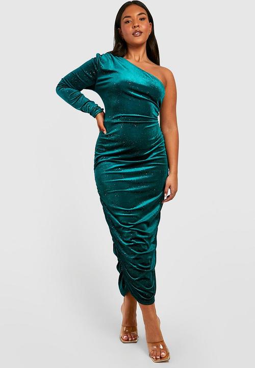 Plus one shoulder glitter velvet midi dress - emerald